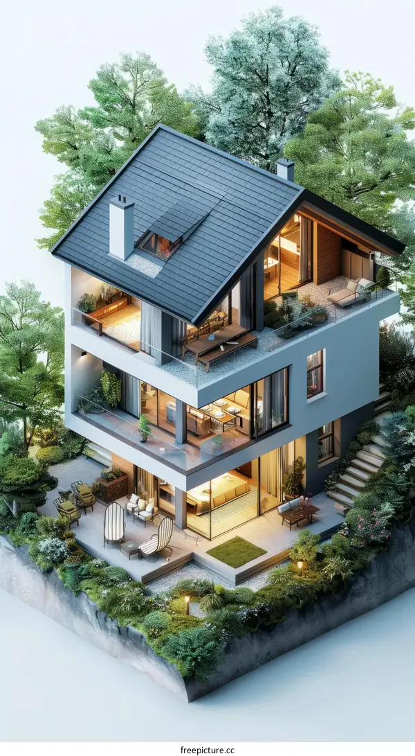 3D Rendering of a Two-Story Modern Home with a Terrace and Garden