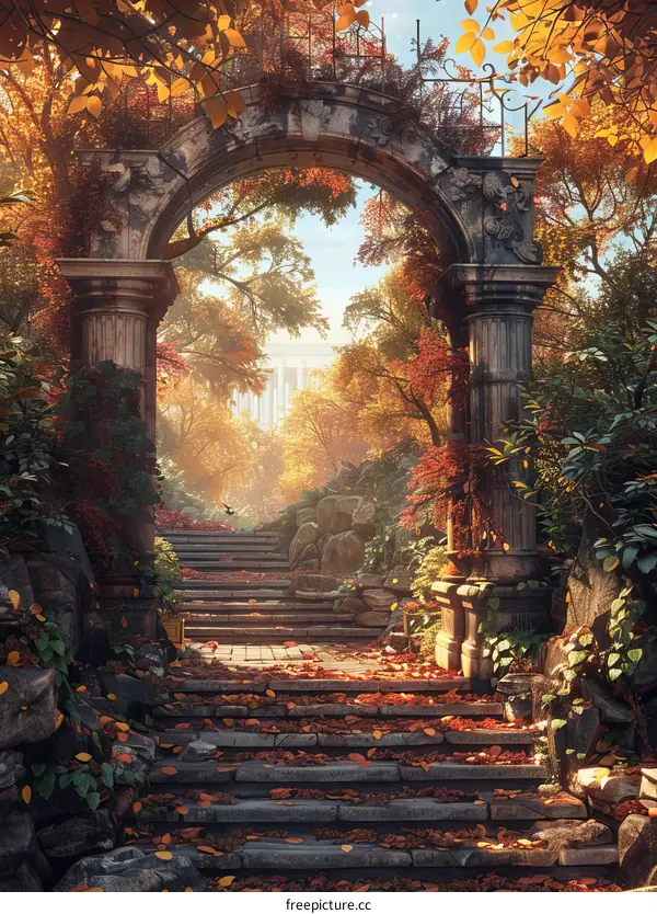 Mystical Autumn Forest with Stone Archway