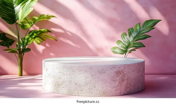 Pink Background Display Stand with Tropical Plants