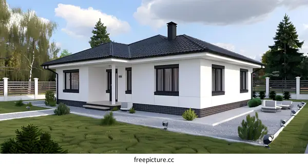 Modern Single Story House with White Exterior and Black Roof