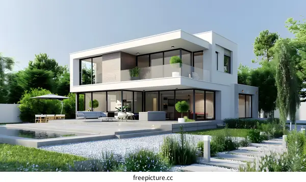 Modern House with Pool and Lush Greenery