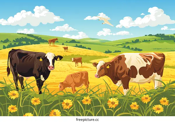 Cows Grazing in a Green Pasture