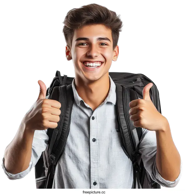 [Transparent Background PNG]Happy Young Man with a Backpack Giving a Thumbs Up