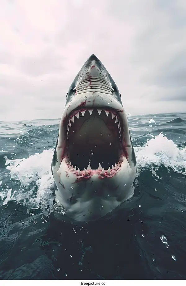 great white shark opens its mouth above the water surface