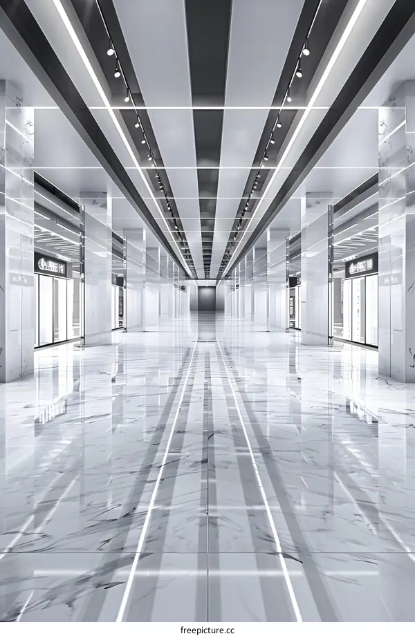 Modern Interior Design, Long White Corridor With Black Striped Ceiling And Marble Floor