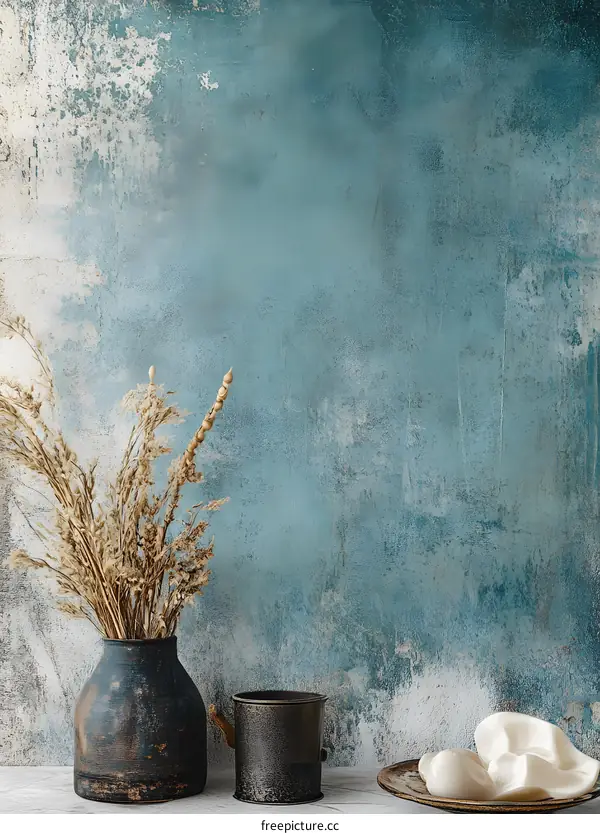Vintage Vase with Dried Flowers on a Blue Textured Wall