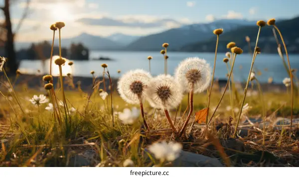 Close-up of Dandelion Seed Heads in a Field with a Lake and Mountains
