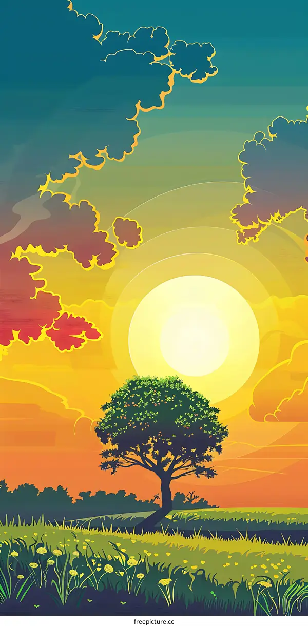 Green Tree Silhouette Against Orange Sunset