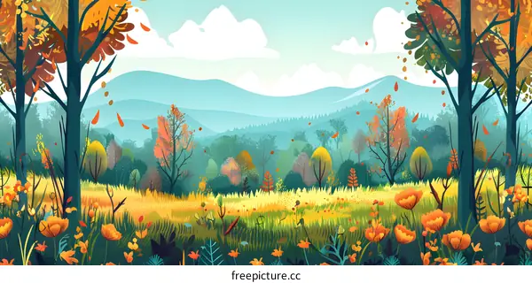 Autumn Forest Landscape with Mountains in the Background