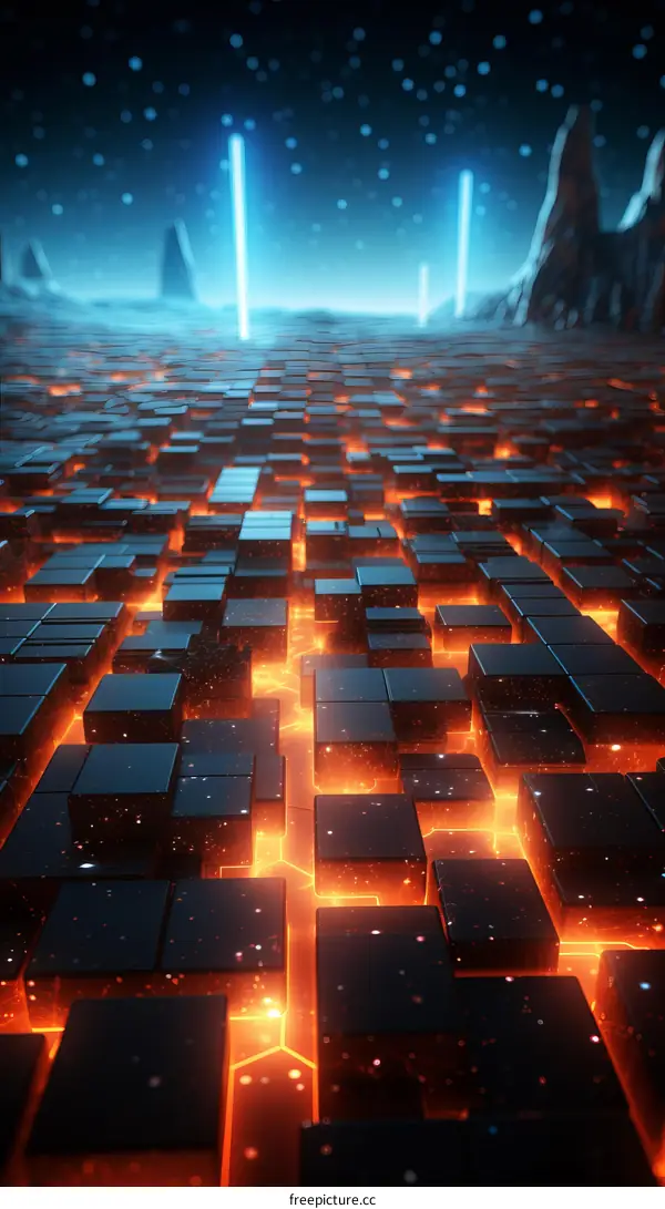 Futuristic Landscape with Glowing Cubes and Distant Lights
