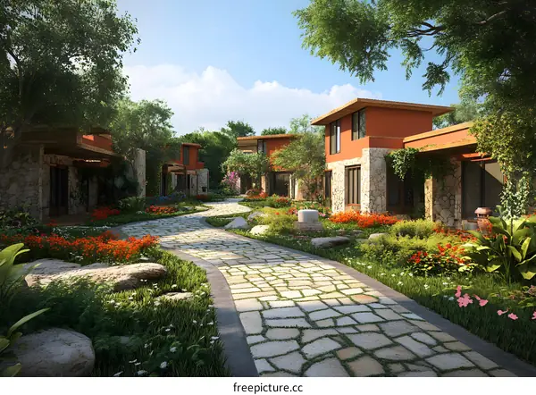 Stone Pathway Leading to Residential Buildings with Lush Greenery