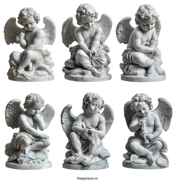 [Transparent Background PNG]Six Classical Marble Cherubs Sculpture Set