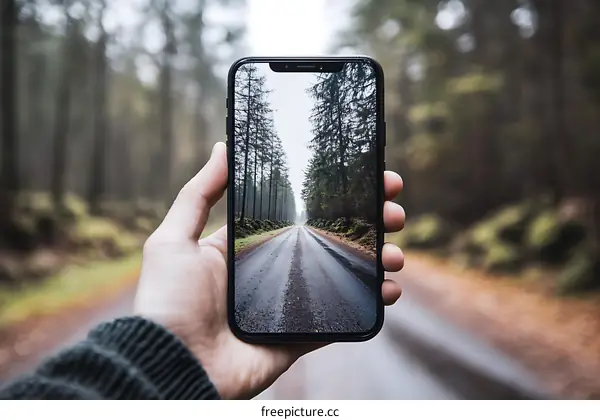 Hand Holding Smartphone With Photo of Forest Road