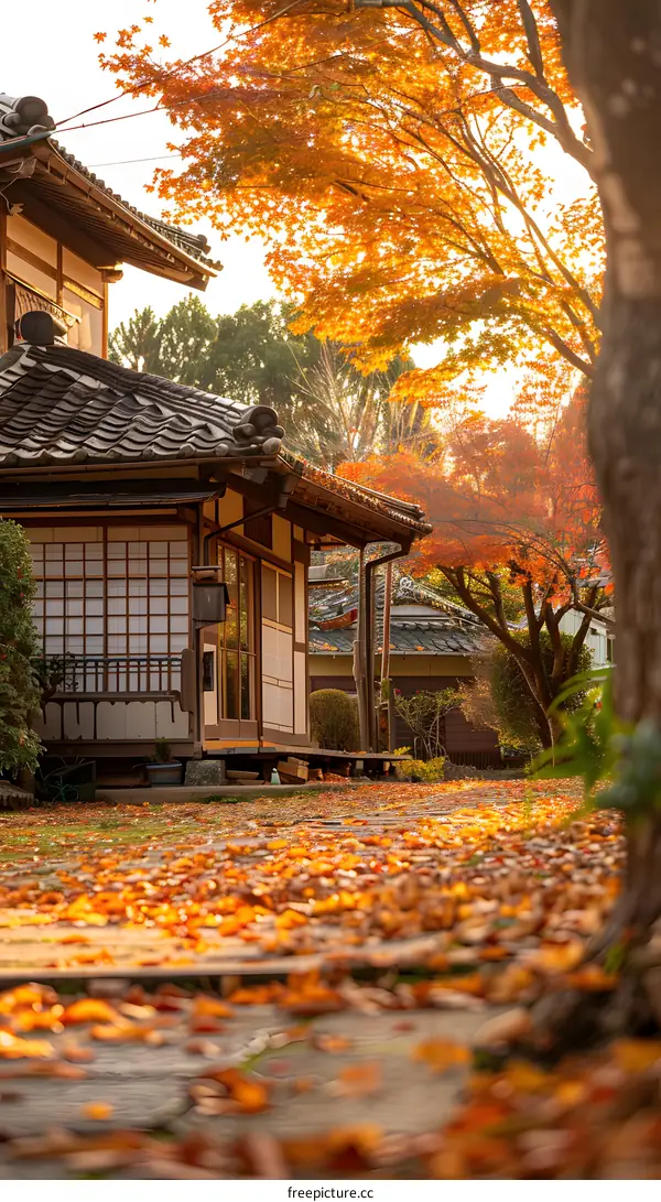 A traditional Japanese house surrounded by fallen leaves in autumn