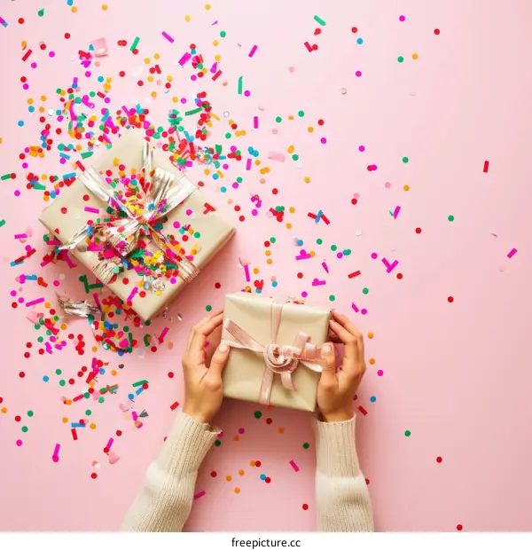A person opening a present with confetti in the background