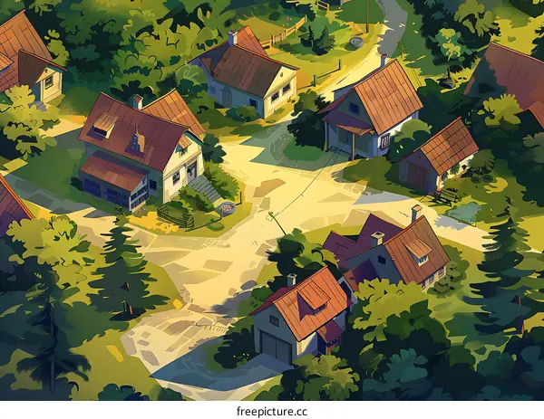 Aerial View of a Small Village with Houses and Trees