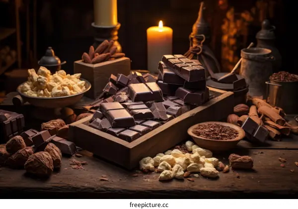 Chocolate Bars, Candies, and Sweets on a Rustic Wooden Table
