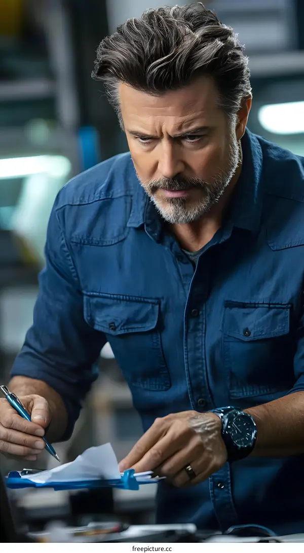 Serious Man Wearing Blue Shirt Writes on Paper