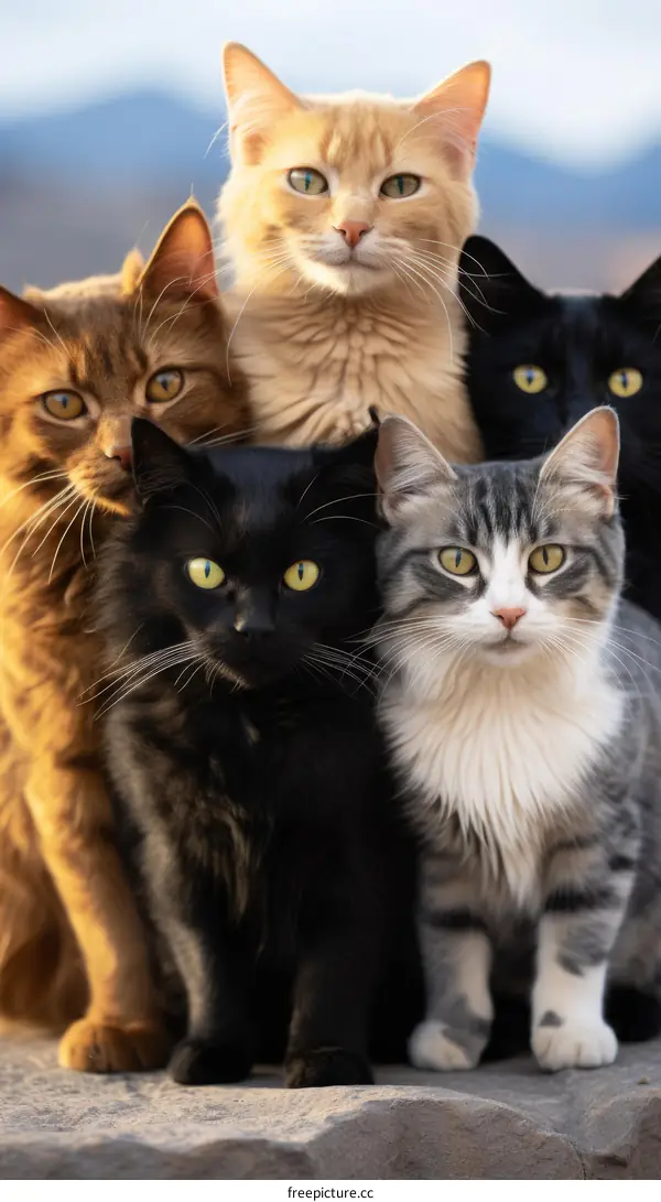 A group of cats of different colors and breeds sitting together on a stone surface