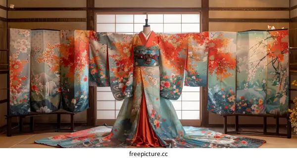 A kimono with a pattern of autumn leaves and Mount Fuji