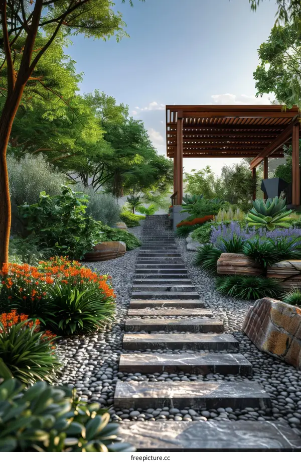 Beautiful Garden Path with Stone Steps and Lush Greenery