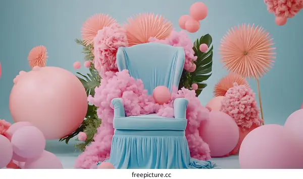 Blue Velvet Chair Surrounded by Pink Balloons and Flowers