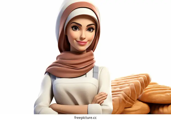 Smiling Woman in Hijab Standing with Bread at Bakery