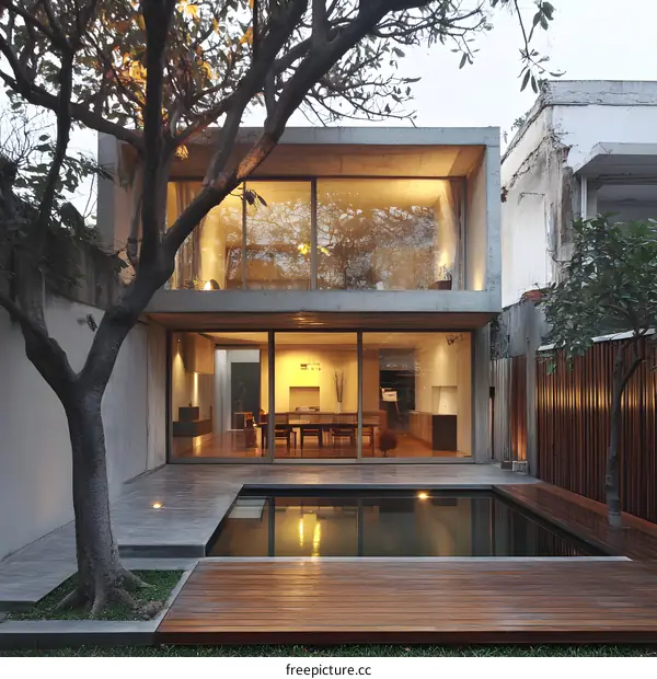 Modern Concrete House with a Pool and a Large Tree