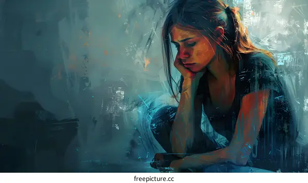 A girl is sitting on the floor with her head in her hands