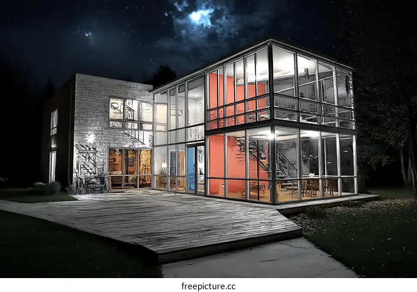 Modern Glass House at Night