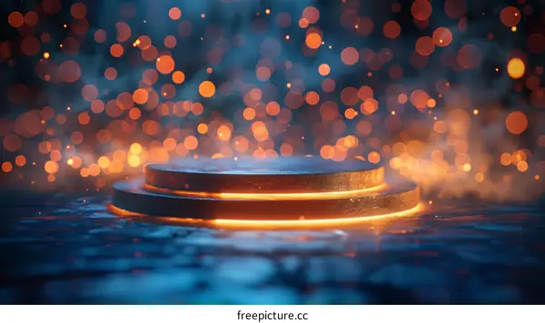 futuristic glowing podium with blue and orange lights