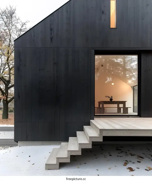 Modern Black House Exterior With Wooden Steps