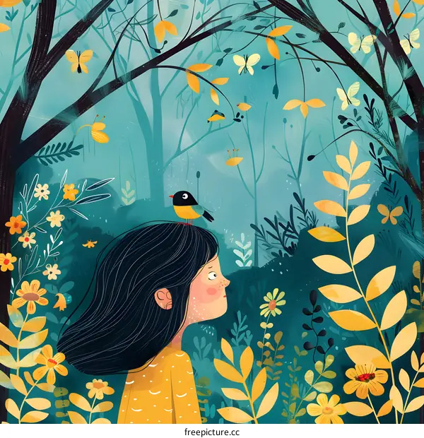 Girl in the Forest with a Bird on Her Head
