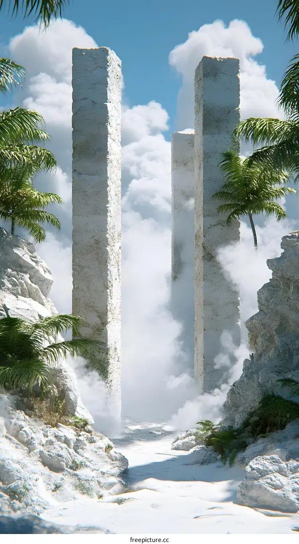 Abstract Surreal Landscape with Tall Concrete Pillars and Clouds