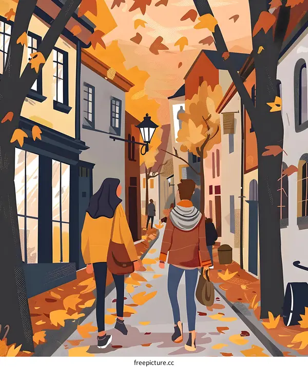 Couple Walking in the Autumn City Street