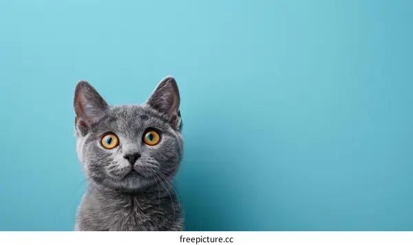 A gray cat looking up with wide open eyes