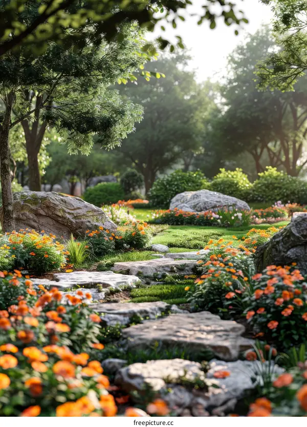 Serene Stone Path Through a Lush Garden