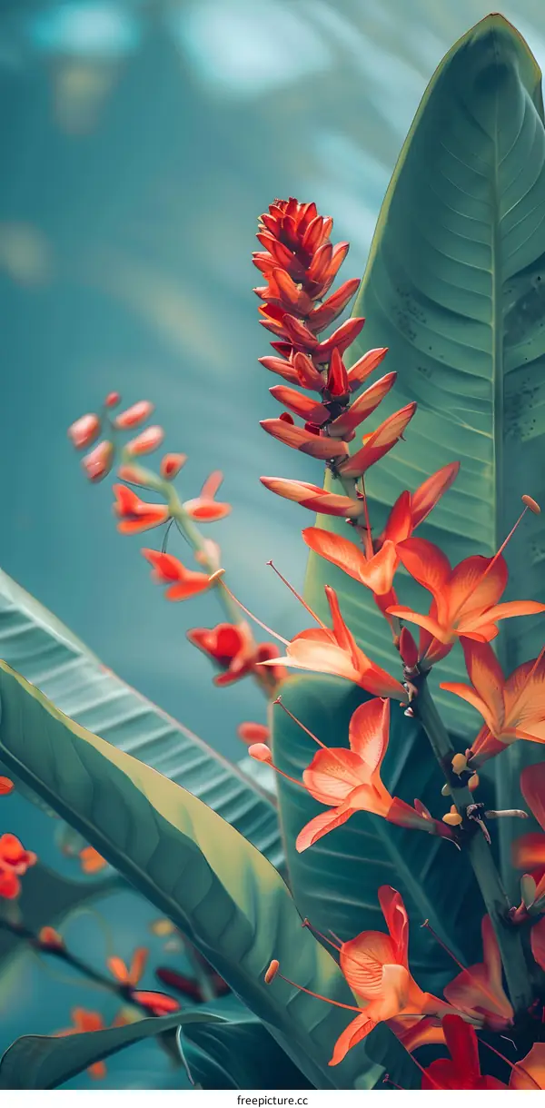 Orange Flowers and Green Leaves Against a Teal Background
