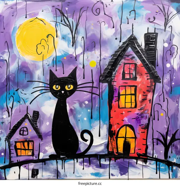 Black Cat on Fence in Front of Two Houses with Yellow Moon under Purple Sky