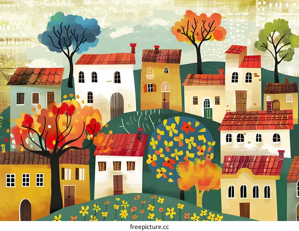 Colorful Autumn Village Houses Illustration
