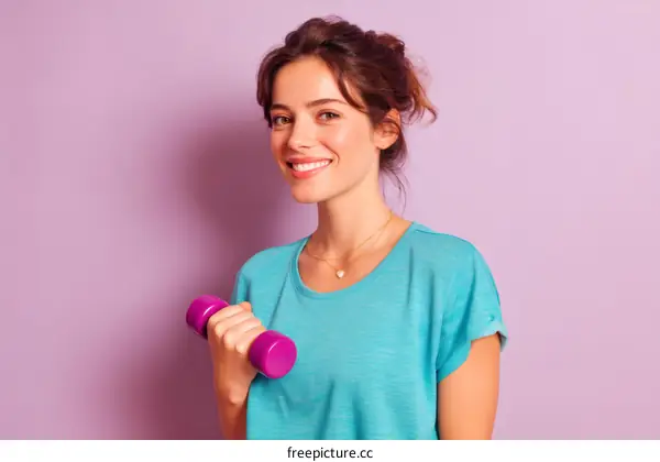 Smiling Woman Exercising with Dumbbells on a Lilac Background