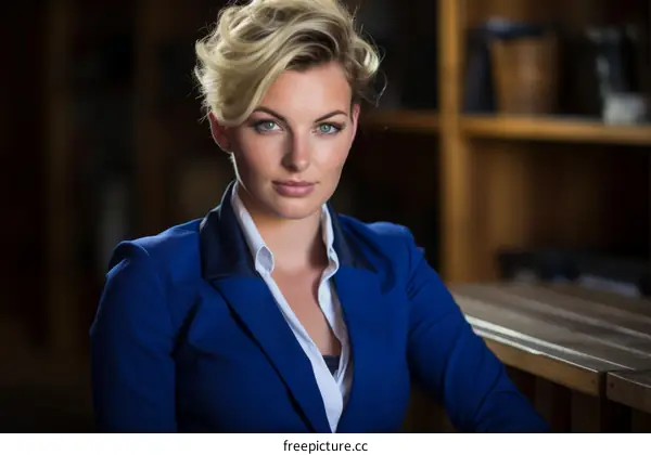 Portrait of a young woman in a blue suit