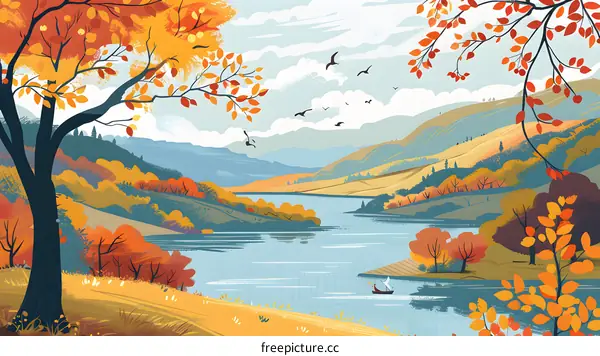 Autumn Landscape with Mountain and Lake Illustration