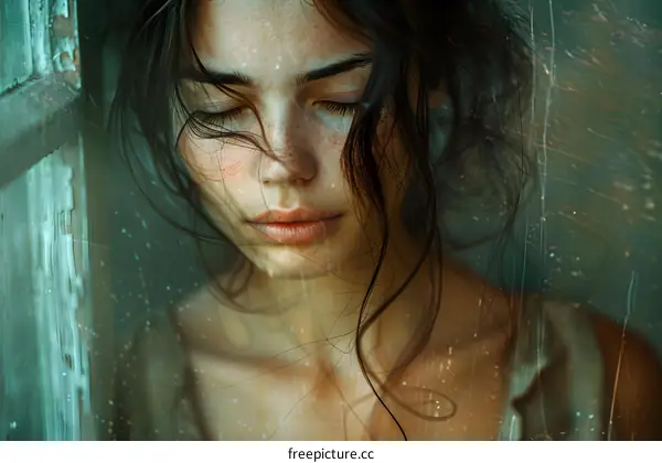 Woman with Closed Eyes and Wet Hair Posing Behind Window