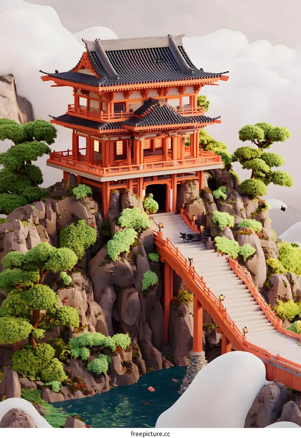 Japanese Style Architecture with Bridge and Mountain Background