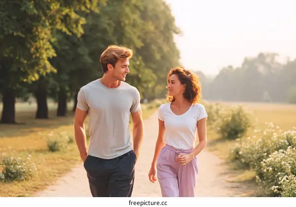 Couple Walking in a Park at Sunrise