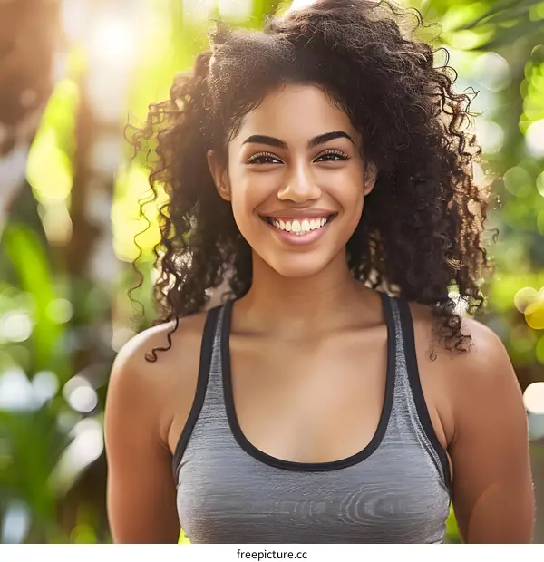 Smiling Woman with Curly Hair and Gray Sports Bra