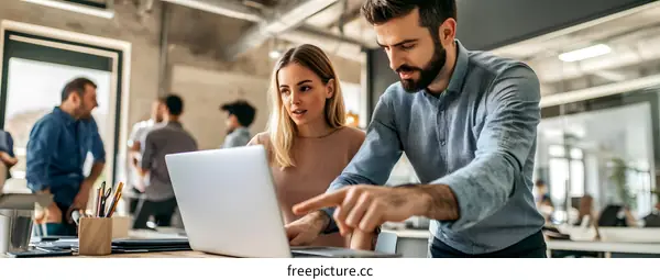 Two Business People Working on Laptop in Office