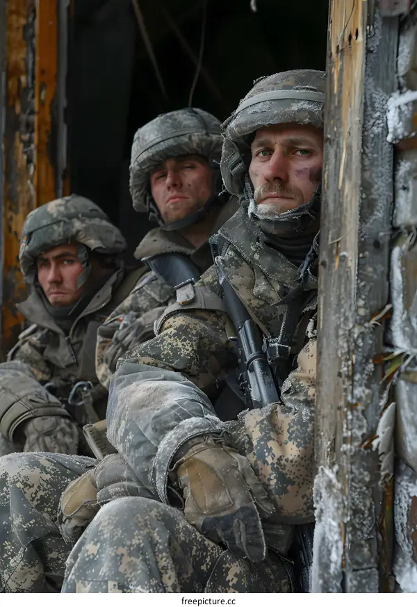 Three soldiers in winter camouflage gear take cover behind a wooden structure.
