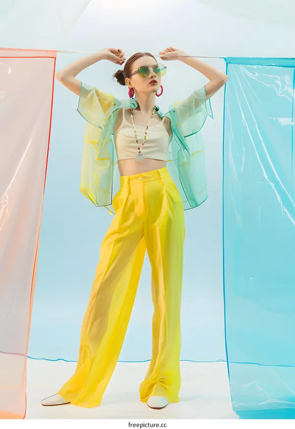 Fashion Model Posing in Yellow Pants and Green Shirt in Front of Colorful Plastic